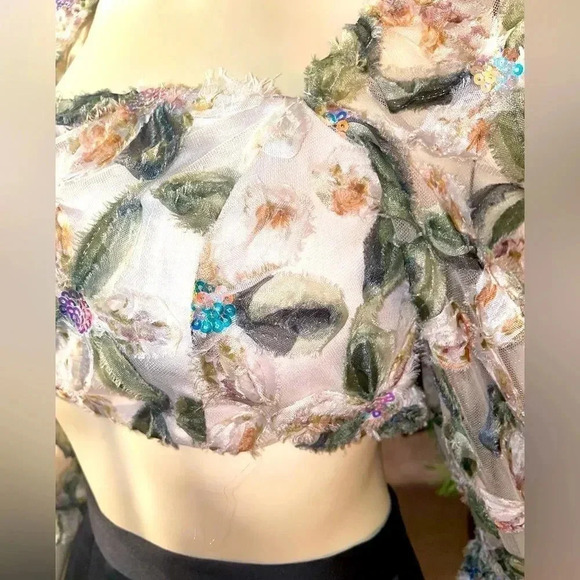 STORiA IVORY AND SAGE SEQUIN BABY DOLL CROP TOP WITH PUFF SLEEVES SIZE SMALL - Picture 10 of 15